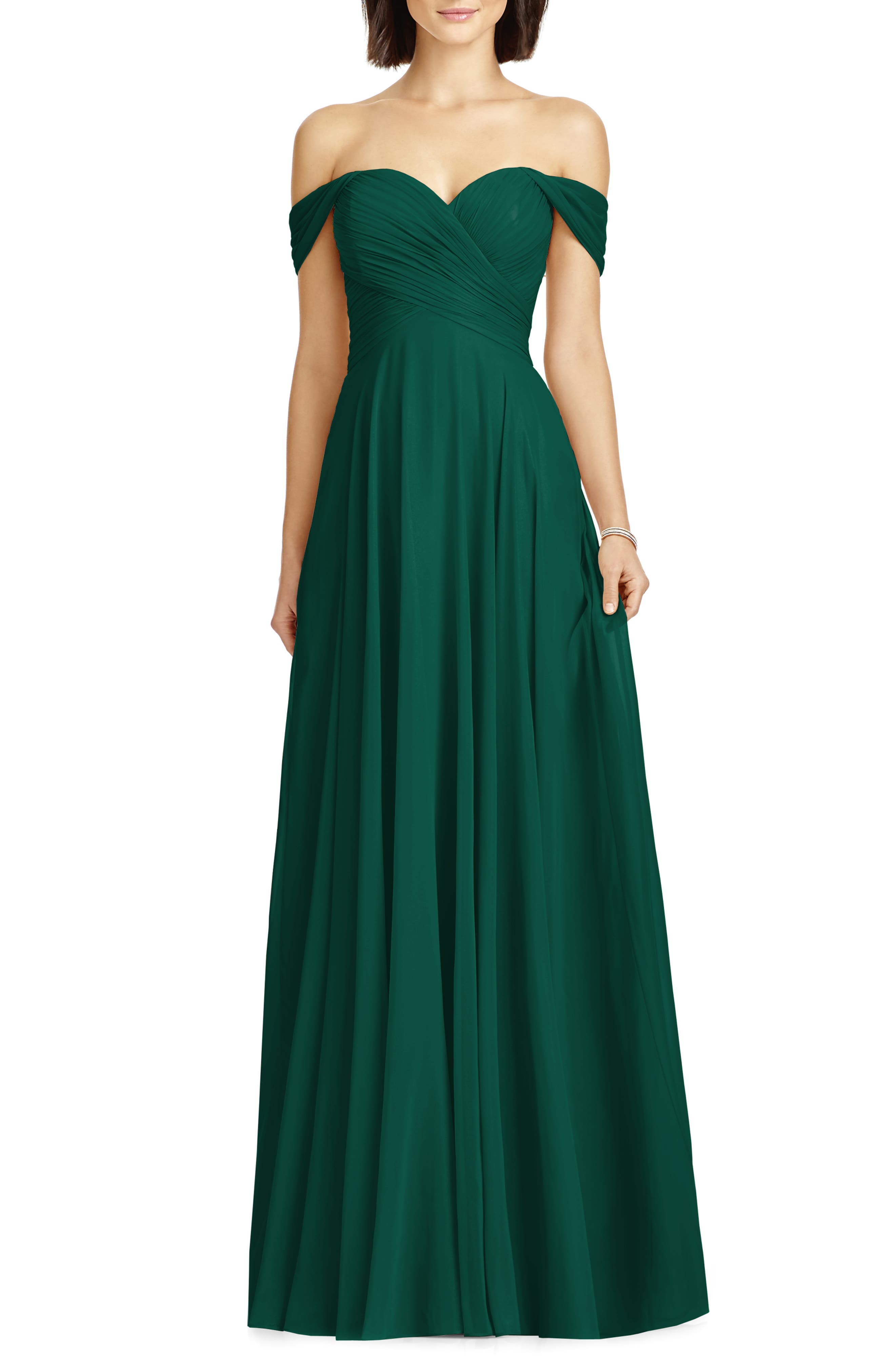 lux ruched off the shoulder chiffon gown
