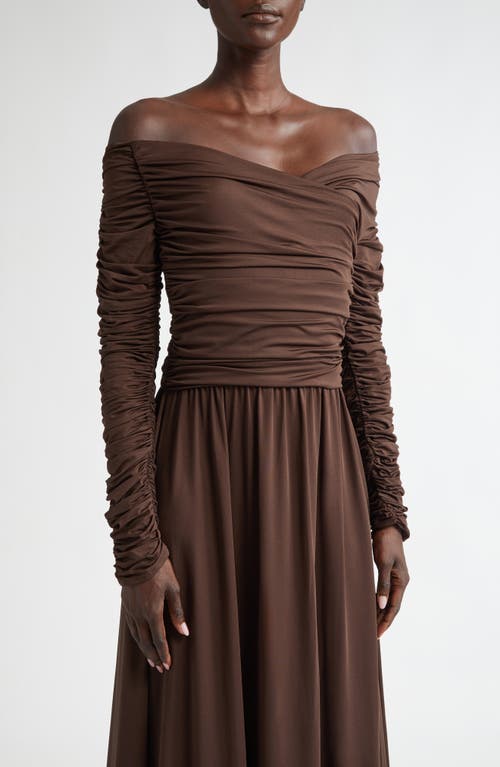 Shop Altuzarra Off The Shoulder Long Sleeve Ruched Maxi Dress In Sable