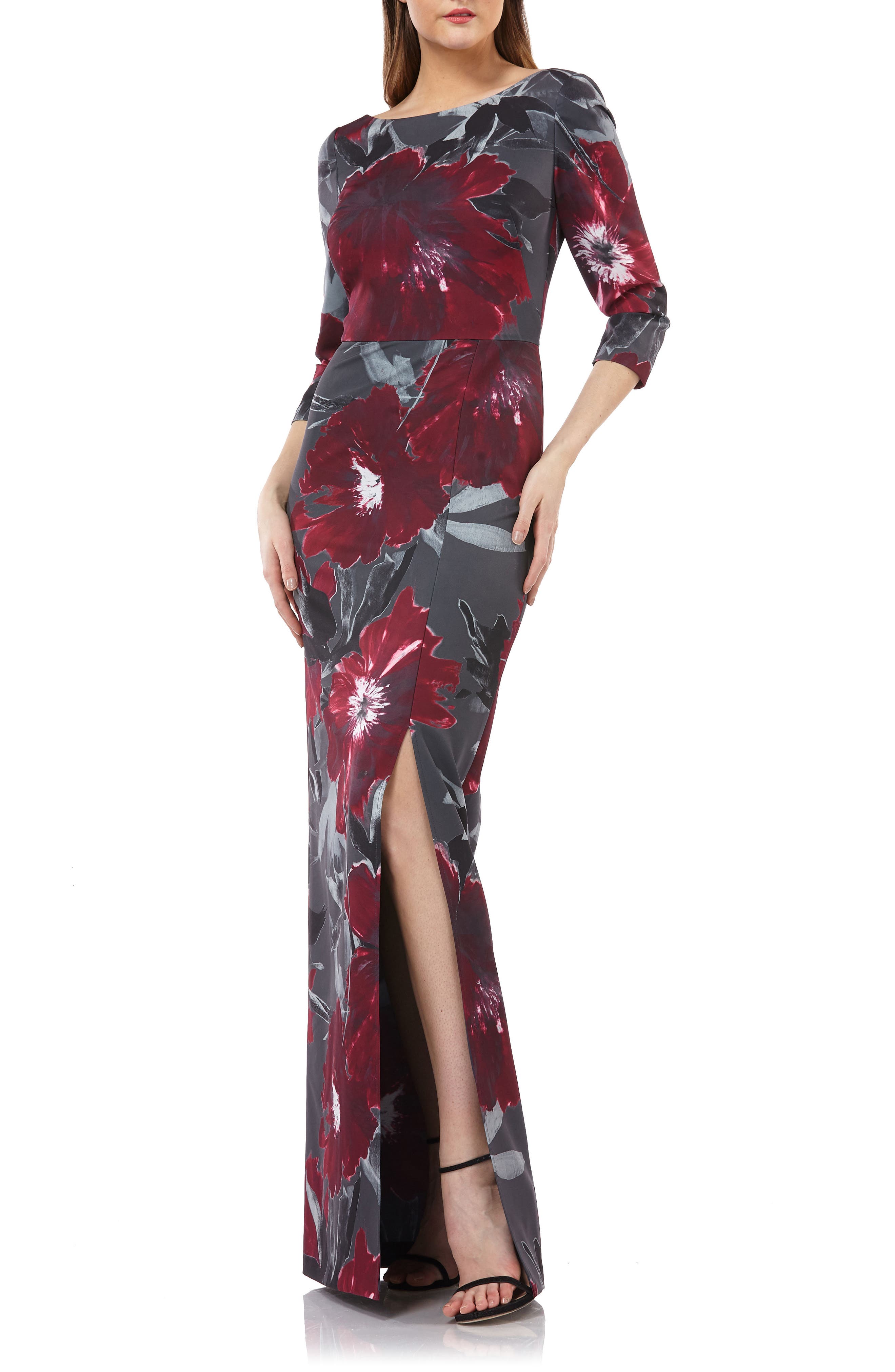Kay Unger Floral-Print Gown, Black