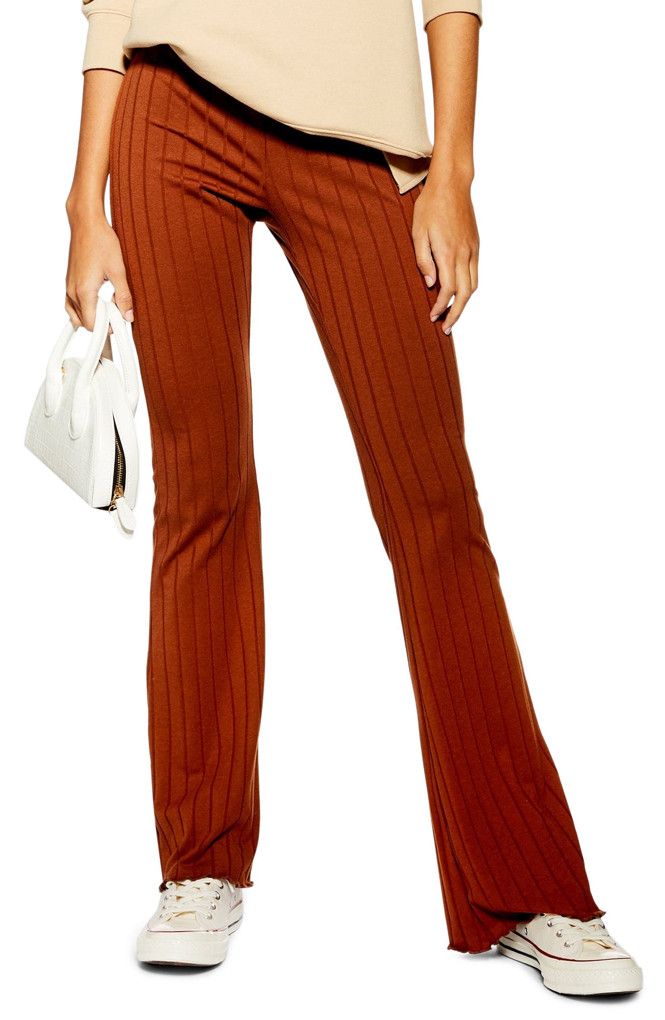 Topshop Ribbed Babylock Flared Pants, US (fits like 0) - Brown