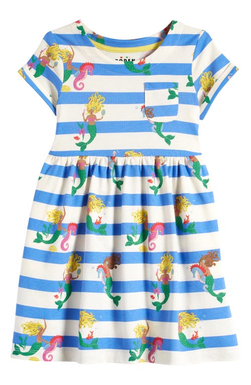 Mini Boden Kids' Print Cotton Jersey Dress In Surf Blue Mermaid Stripe