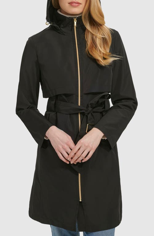 Cole Haan Belted Travel Packable Hooded Rain Jacket In Black