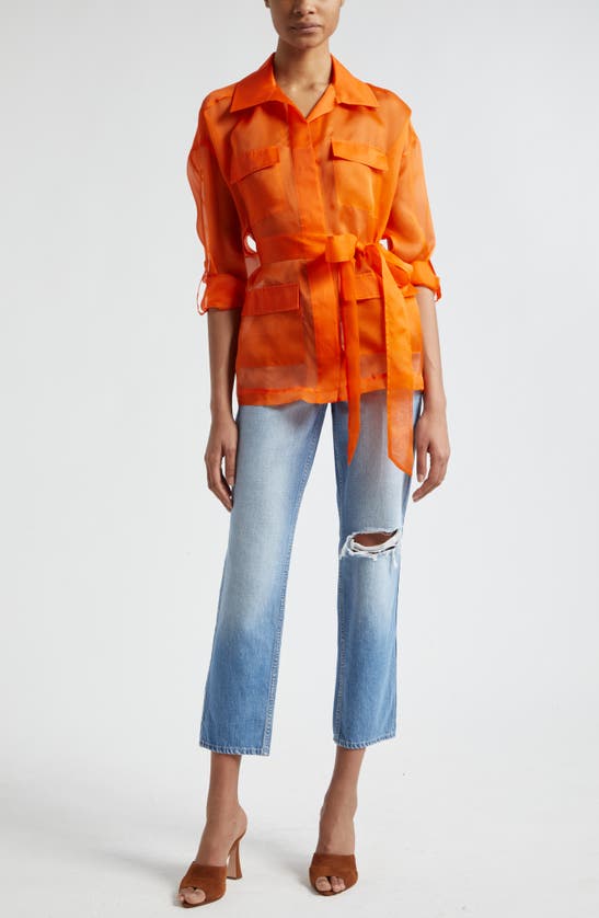 Shop L Agence Colson Tie Belt Silk Organza Safari Wrap Jacket In Pop Orange