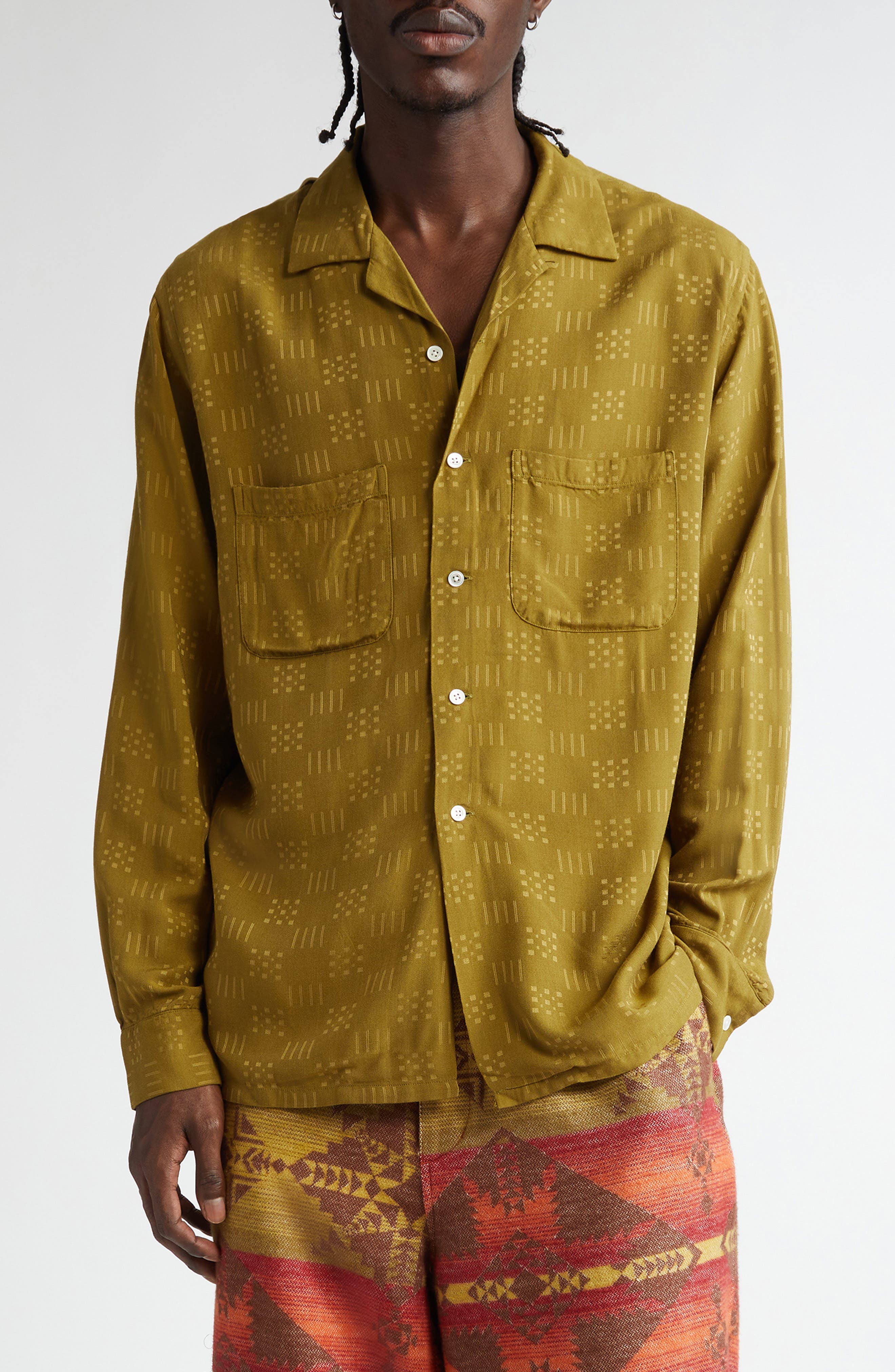 BEAMS Convertible Collar Button-Up Shirt in Olive 67 
