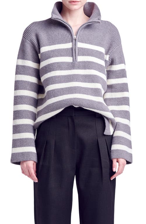 English Factory Stripe Half Zip Sweater In Grey/cream