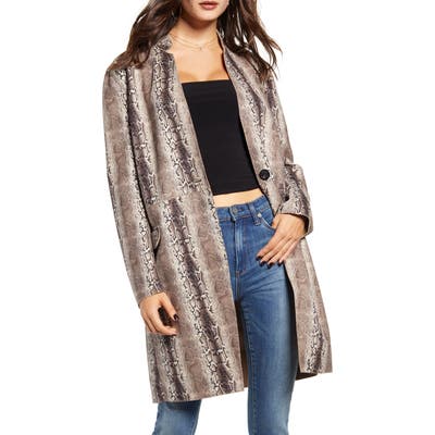Blanknyc Snake Print Long Faux Leather Coat, Beige