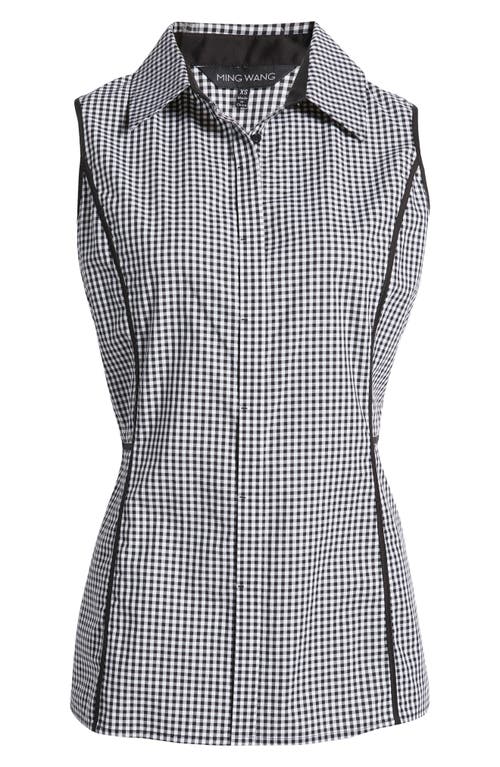 Ming Wang Gingham Collared Sleeveless Top In Black/white
