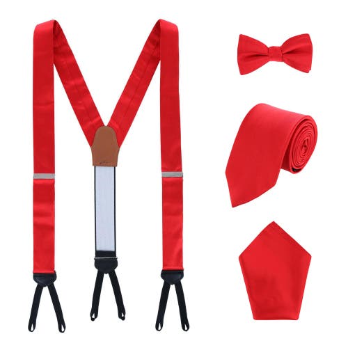 Trafalgar Sutton Solid Color Silk Brace Bow Tie Necktie And Pocket Square Set In Red