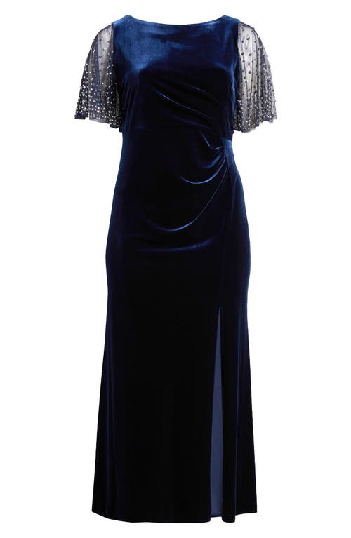 Alex Evenings Embellished Flutter Sleeve Velvet Trumpet Gown In Navy