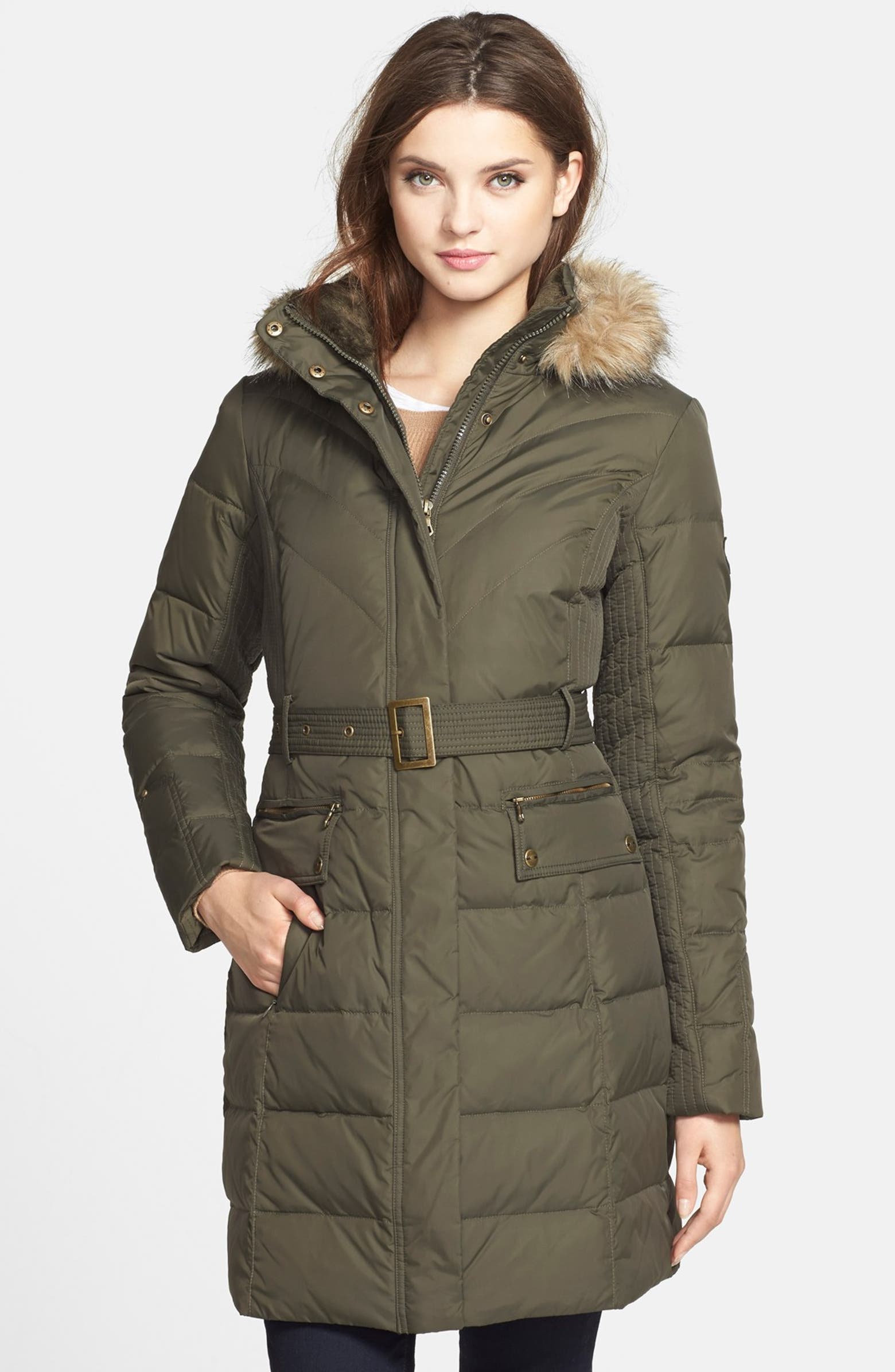 Larry Levine Faux Fur Trim Belted Hooded Down & Feather Fill Coat ...