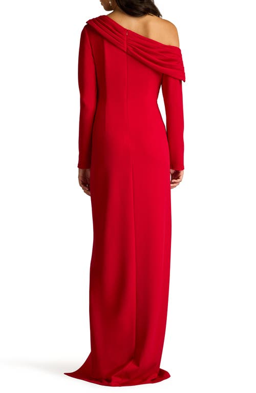 Shop Tadashi Shoji Pleated One-shoulder Long Sleeve Crepe Gown In Flame