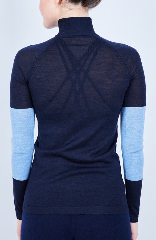 Shop L'etoile Sport Merino Mock Neck Ski Sweater In Navy With Red, Light Blue Trim