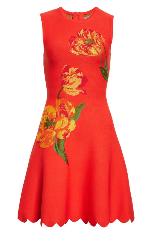 Shop Lela Rose Sleeveless Floral Scallop Hem Fit & Flare Dress In Red/tangerine