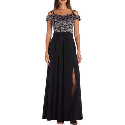 Morgan & Co. Lace Cold Shoulder Strappy Gown, Black