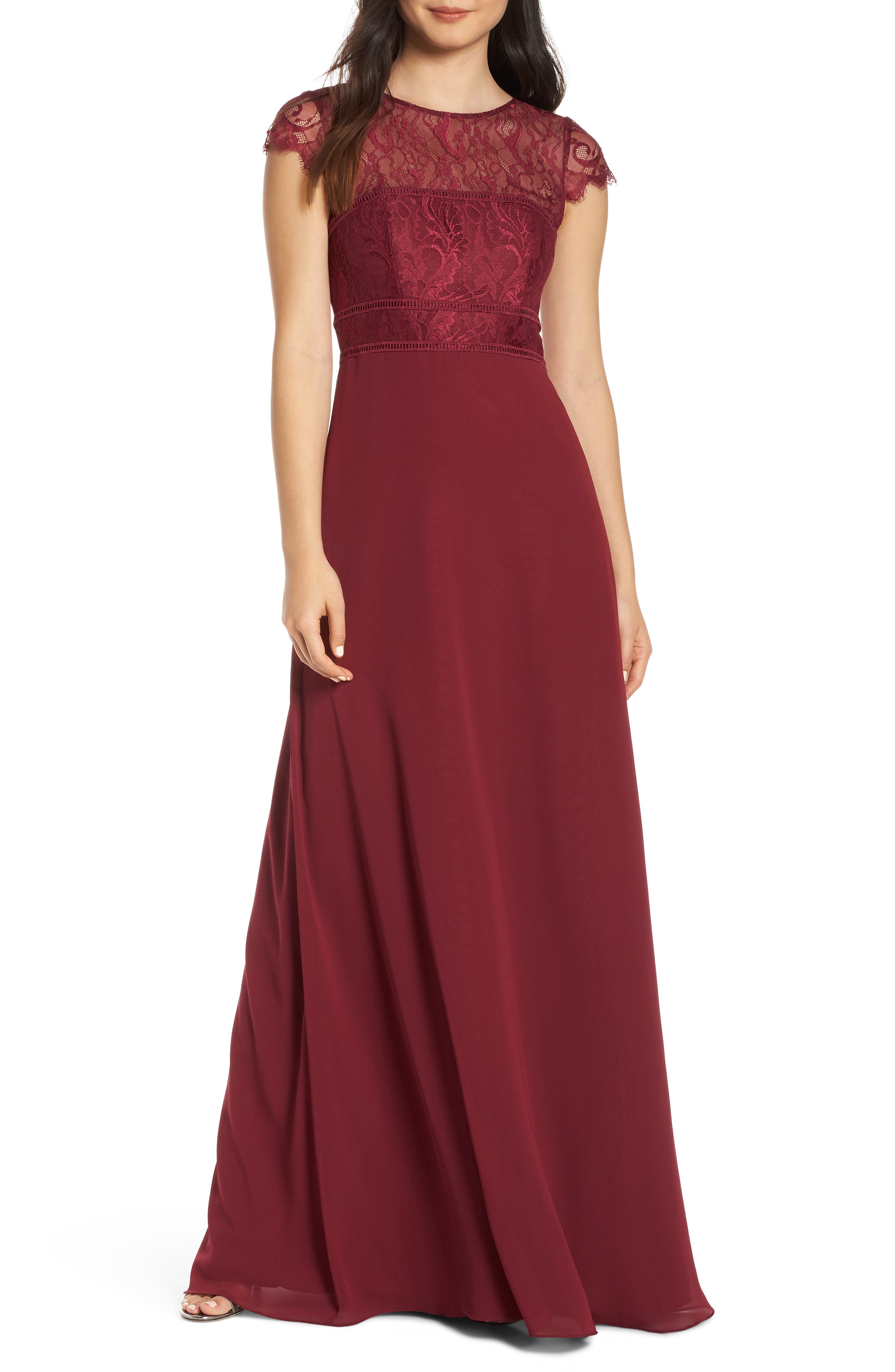 Hayley Paige Occasions Lace Bodice Chiffon Evening Dress, Burgundy