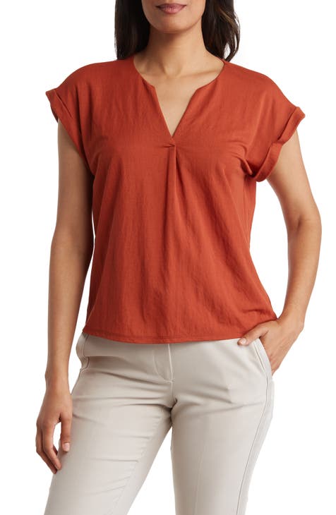 Women Casual T-Shirt Loose Fit Short Sleeve Zipper Tops V Neck Cut