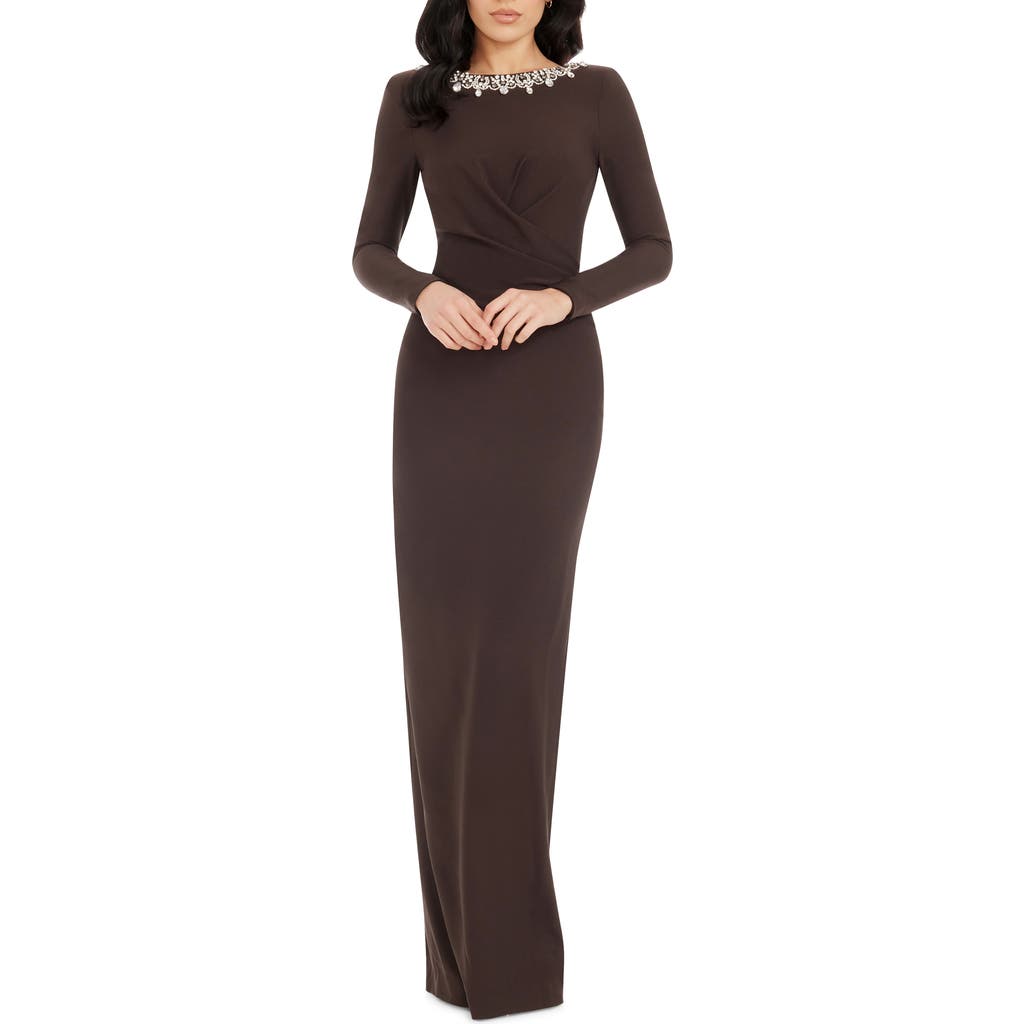 Dress the Population Anne Embellished Long Sleeve Column Gown in Mocha