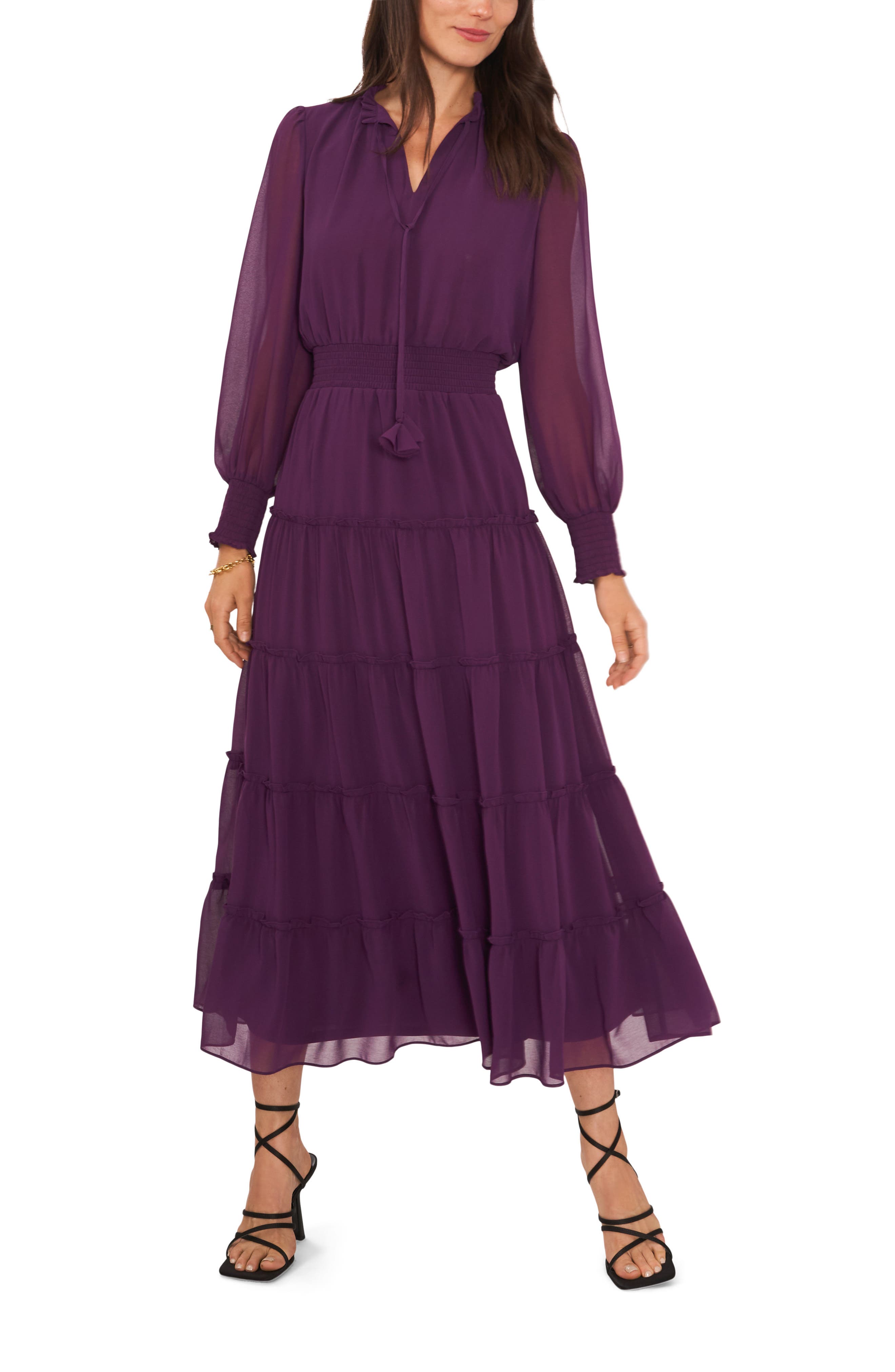 1.STATE Tie Neck Long Sleeve Tiered Maxi Dress in Plum Purple | Smart Closet