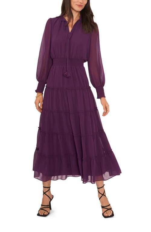 1.STATE Tie Neck Long Sleeve Tiered Maxi Dress in Plum Purple