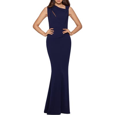 Xscape Drape Shoulder Scuba Mermaid Gown, Blue