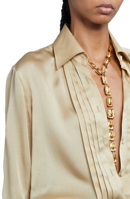 Shop Tom Ford Pleated Plastron Silk Charmeuse Button-up Shirt In Soft Beige