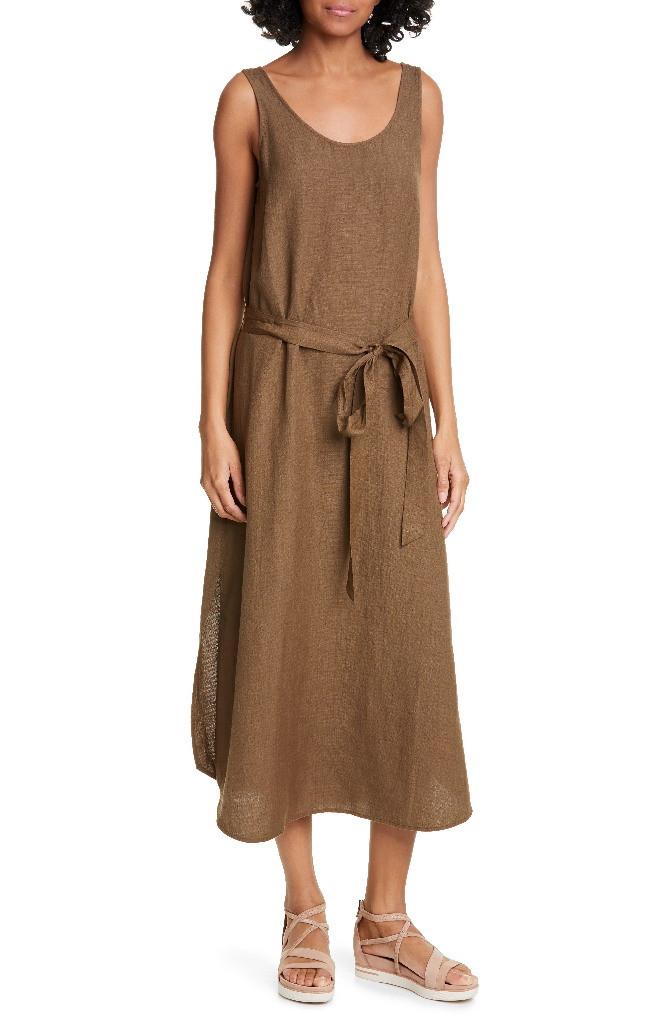Petite Eileen Fisher Tie Waist Sleeveless Linen Blend Midi Dress, Brown