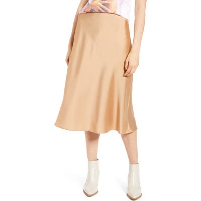 All In Favor Satin Midi Skirt, Beige