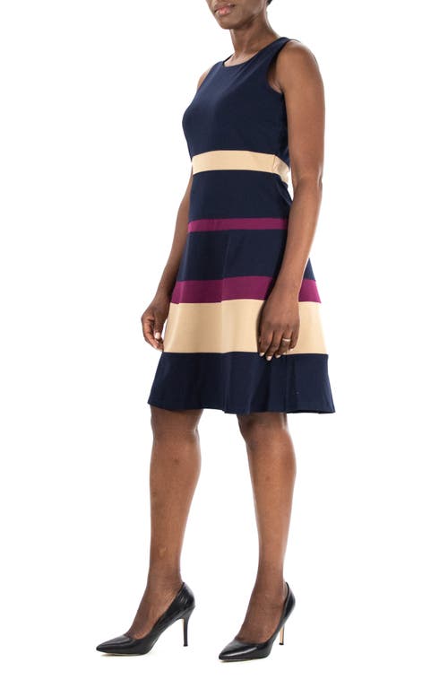 Shop Nina Leonard Sleeveless Jewel Neck Colorblock Dress In Navy/tan/crisp Berry
