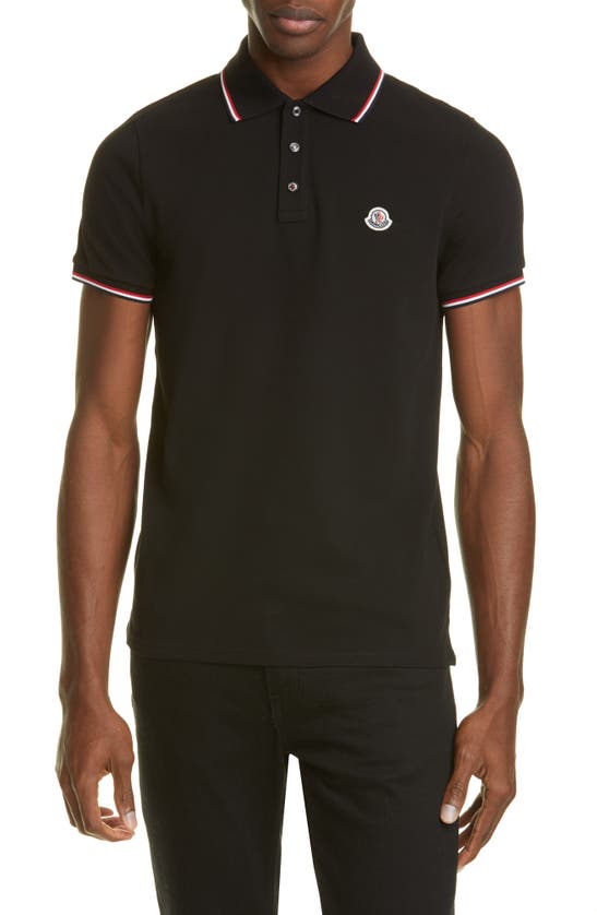 Moncler Tipped Solid Short Sleeve Pique Polo In Black