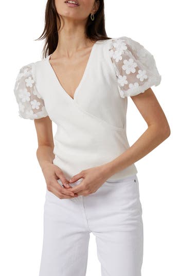 French Connection Lucille Floral Lace Puff Sleeve Sweater In White