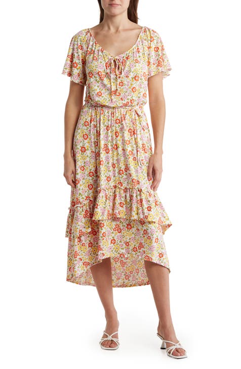 Off-Shoulder Floral Print Tiered Midi Dress