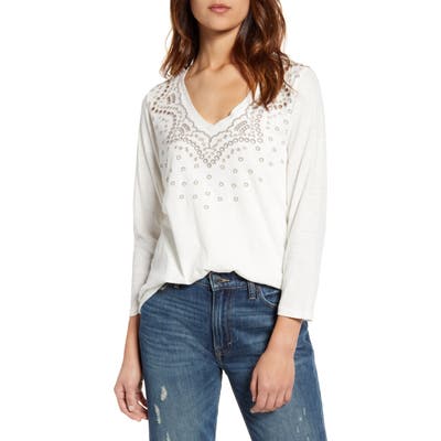 Lucky Brand Embroidered Three-Quarter Sleeve Tee, White