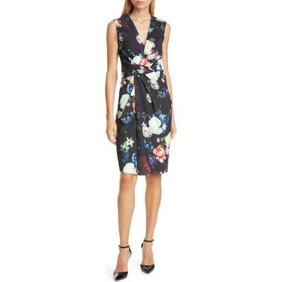 Adam Lippes Drape Waist Floral Print Faux Wrap Sheath Dress, Black