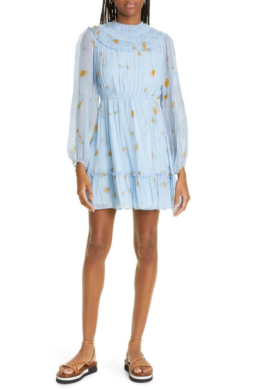 JASON WU Print Smocked Long Sleeve Silk Minidress in Robin Blue Multi at Nordstrom, Size 10