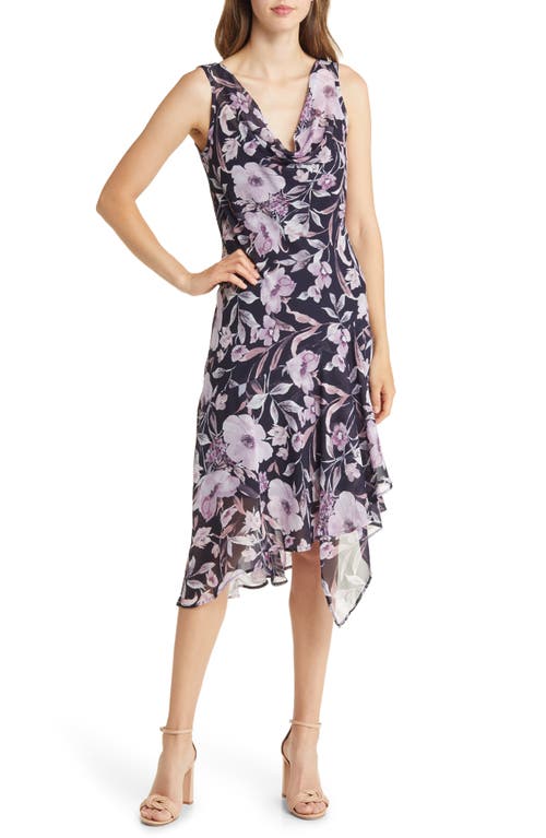 Connected Apparel Floral Asymmetric Hem Chiffon Midi Dress in Lavender