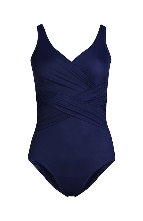 Shop Lands' End Slendersuit Tummy Control V-neck Wrap One Piece Swimsuit In Deep Sea Navy