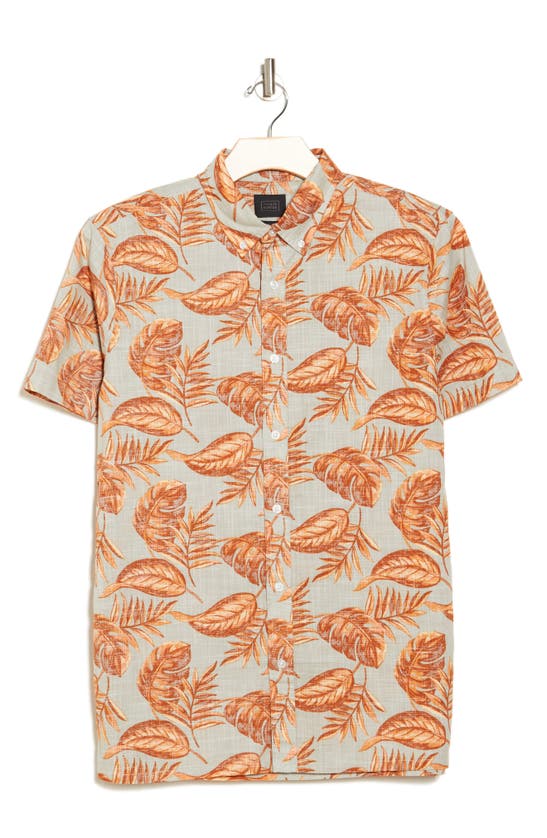 14th & Union Slub Tropical Leaf Print Shirt In Green- Orange Tropical