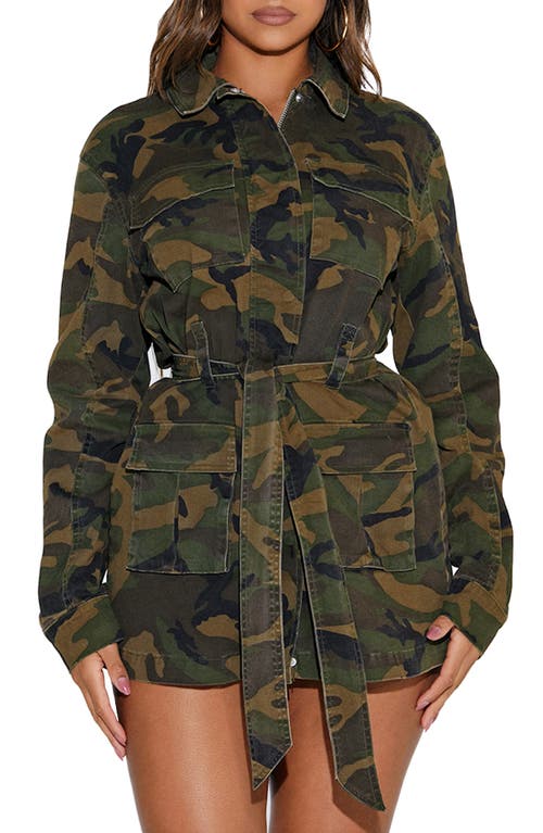 Naked Wardrobe Camo Print Oversize Belted Cargo Jacket in Camo Green