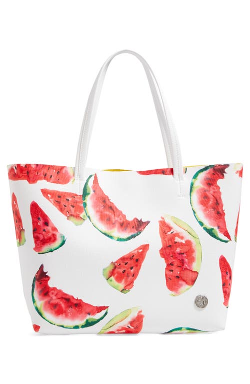 Shop Vince Camuto Maro Faux Leather Tote In Watermelon Print Yellow