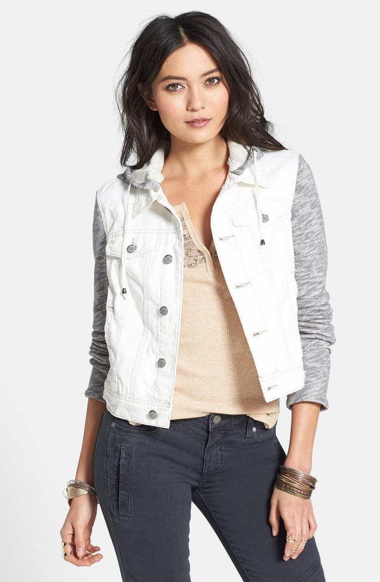 Free People Knit Sleeve Distressed Denim Jacket Nordstrom