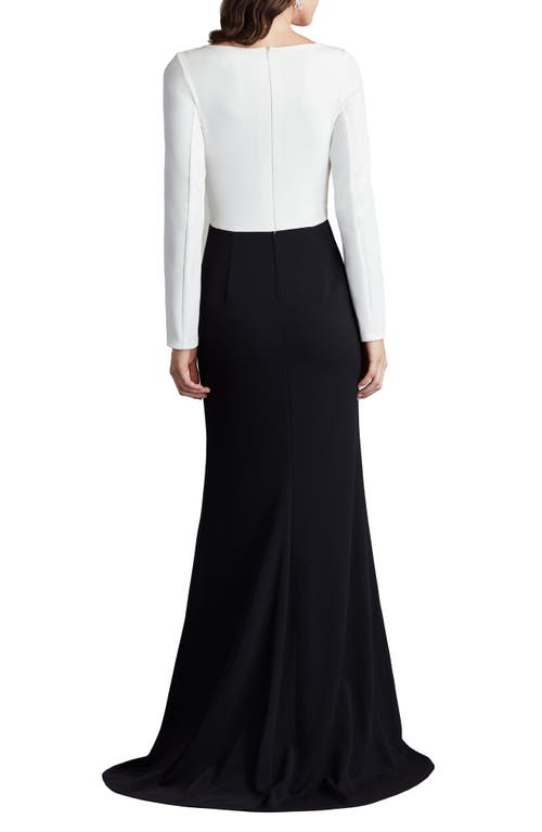 Shop Tadashi Shoji Front Twist Long Sleeve Crepe Gown In Ivory/black