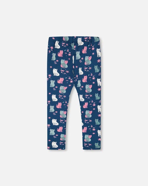 Shop Deux Par Deux Girl's Printed Leggings Navy Blue With Kitten In Printed Cats