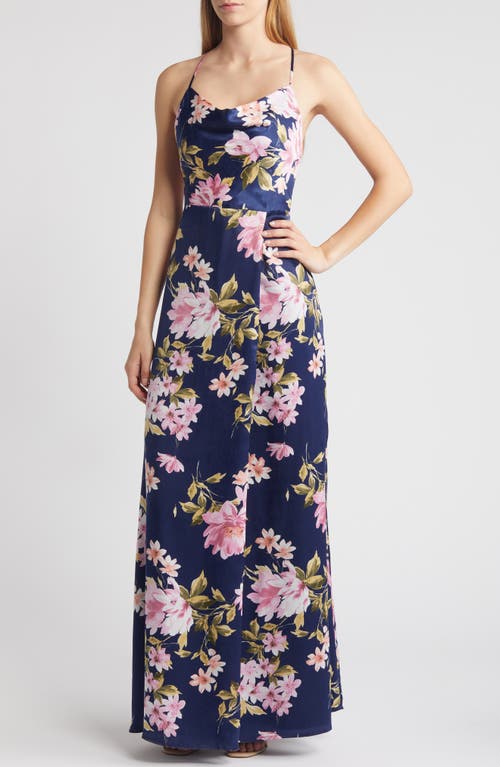 Love of Romance Floral Satin Gown in Navy/Mauve/Green