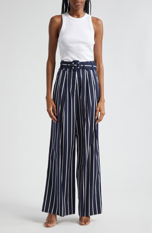 Shop Veronica Beard Maliyah Stripe Belted Wide Leg Pants In Navy/white