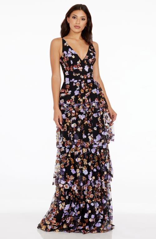Dress The Population Lorain Sequin Tiered Ruffle Gown In Black Multi