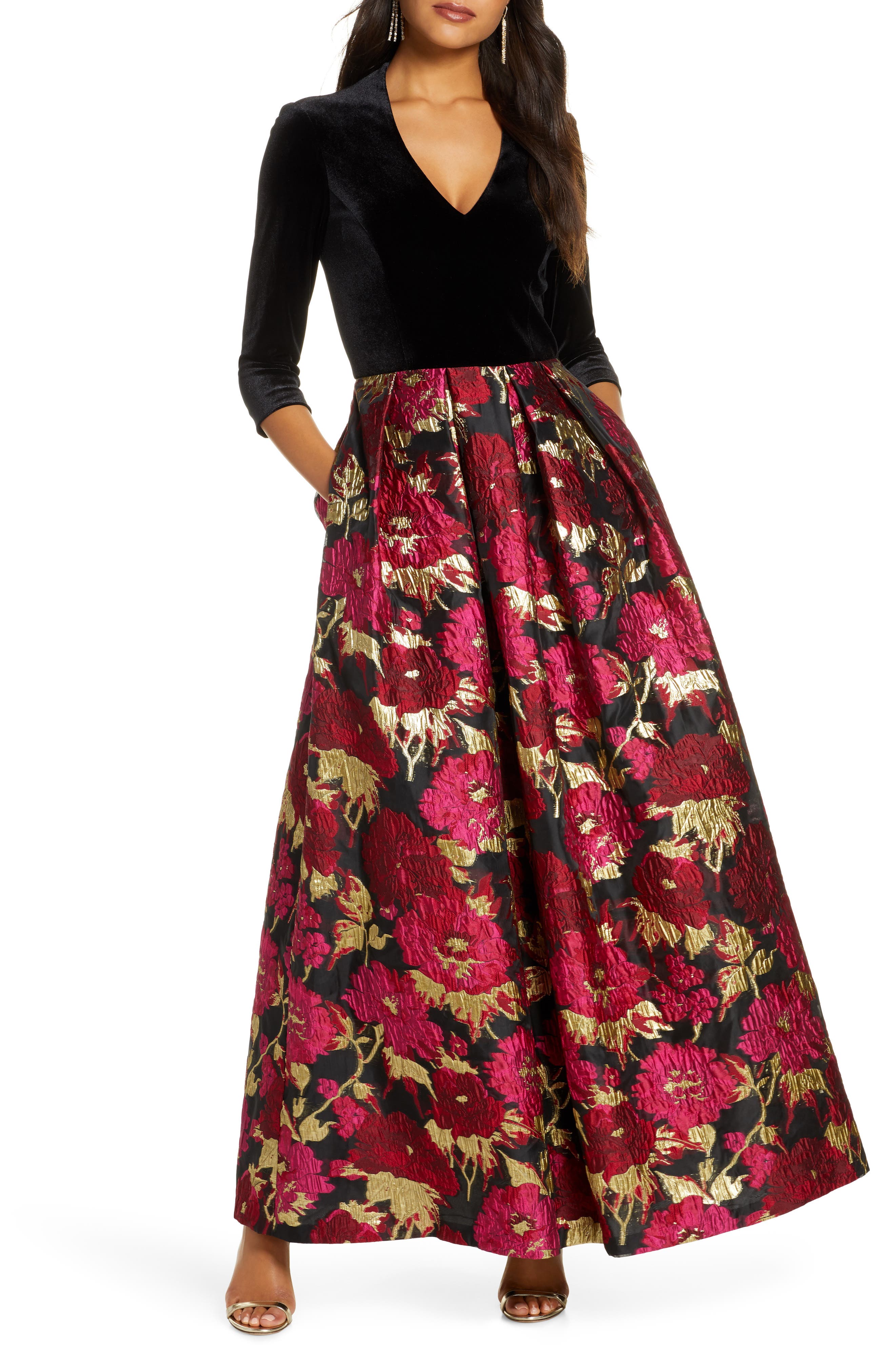 UPC 191899931336 product image for Women's Eliza J Velvet & Floral Jacquard Ballgown, Size 2 - Black | upcitemdb.com