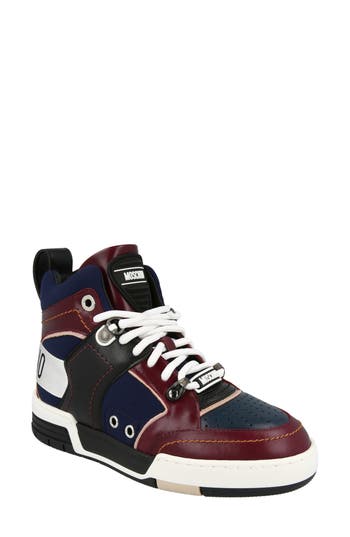 Moschino Streetball Asymmetrical High-top Sneakers In Black Multi