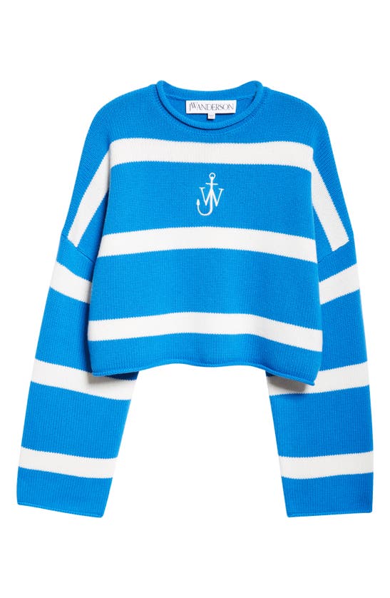Shop Jw Anderson Anchor Logo Stripe Crop Sweater In Blue/ White