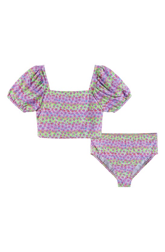 Andy & Evan Kids' Starfish Print Bikini Top & Bottoms In Purple Stars