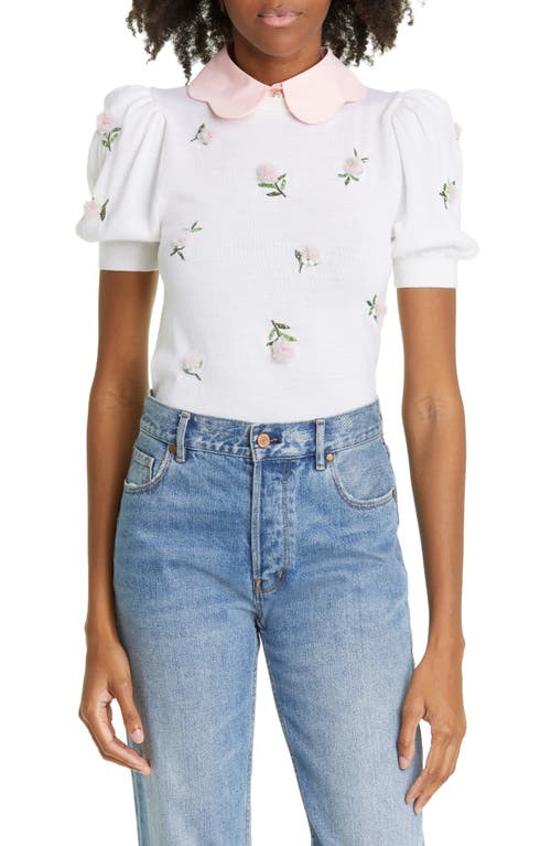 Alice + Olivia Chase Embellished Short Sleeve Stretch Wool Sweater in Soft White/Petal